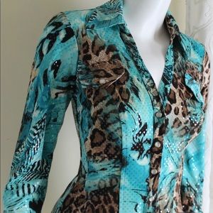 Cache Turquoise Animal Glitz Glam Shirt Top M